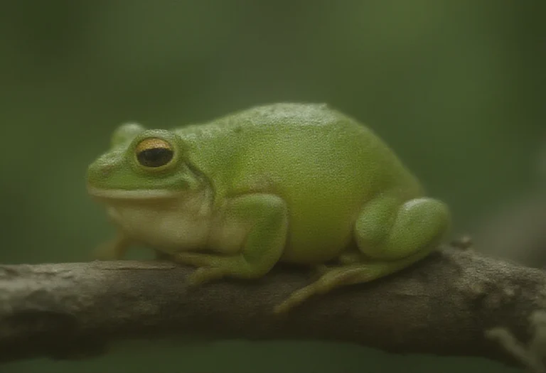 AI-generated image of a single green frog on a branch