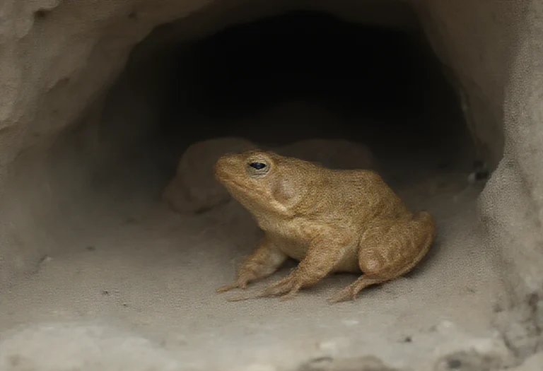 AI-generated image of a single brown frog on a rock ledge