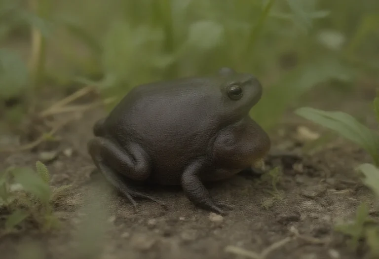 AI-generated image of a single round dark frog on damp soil