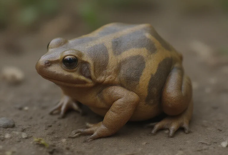 AI-generated image of a single plump brown frog on damp ground