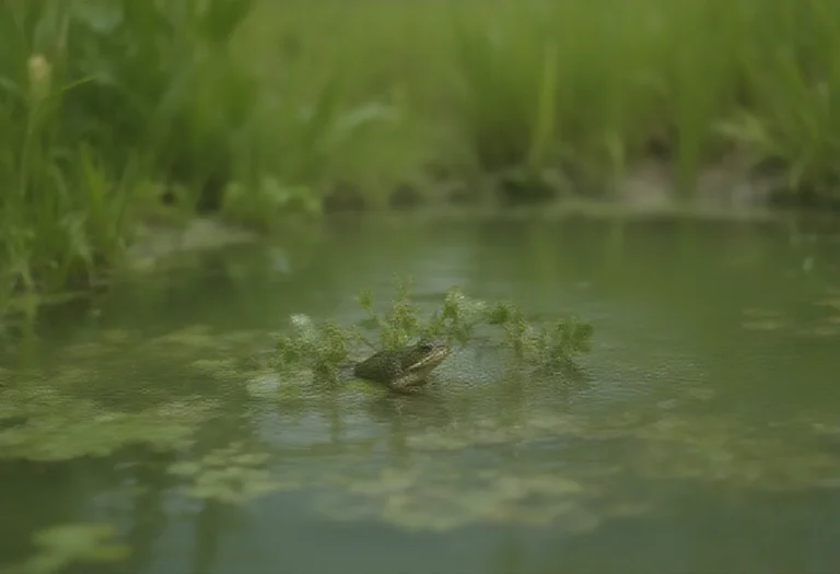 AI-generated image of a single green frog at the edge of a shallow pond