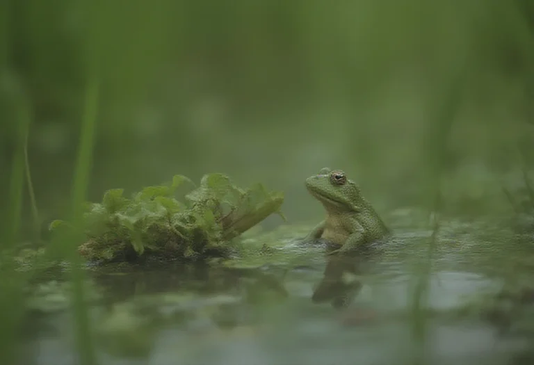 AI-generated image of a single green frog at a pond edge