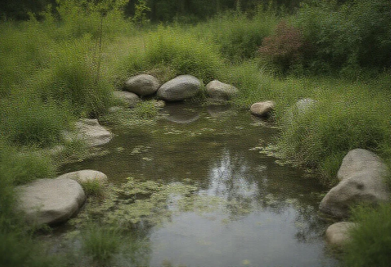 AI-generated image of a small garden pond with plants