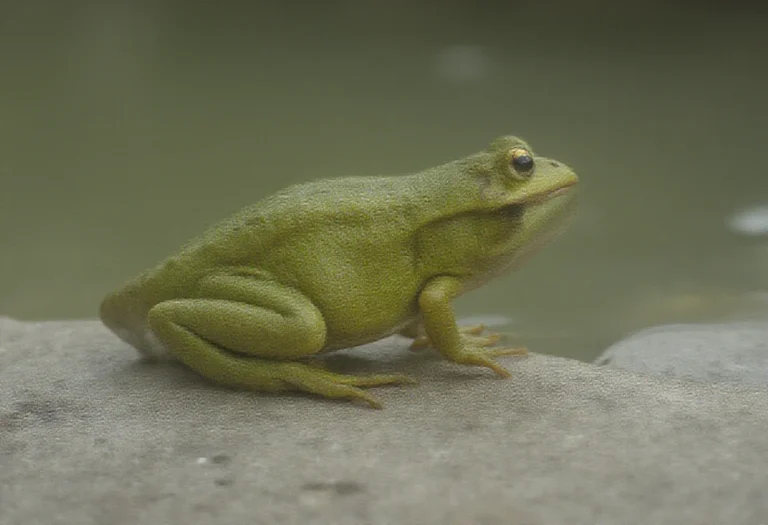 AI-generated image of a single green frog crouched on a stone