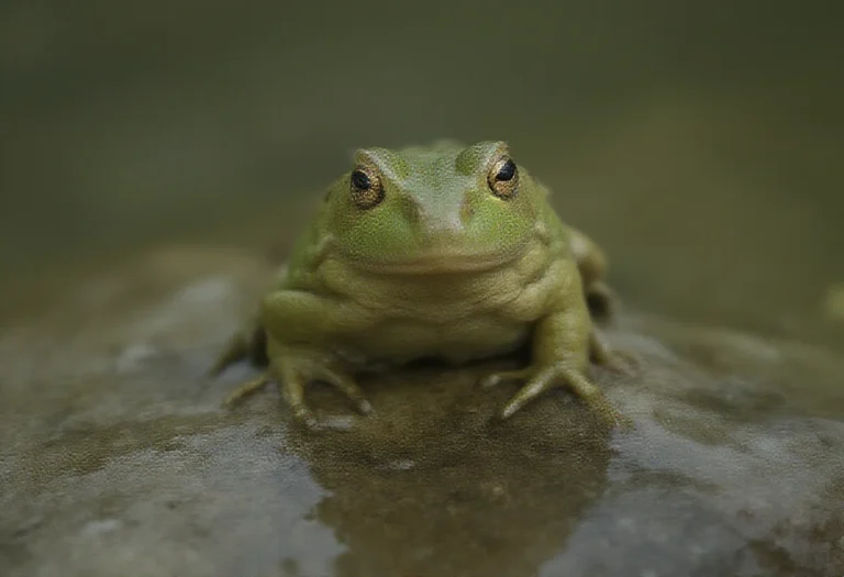 AI-generated image of a single green frog on a wet rock