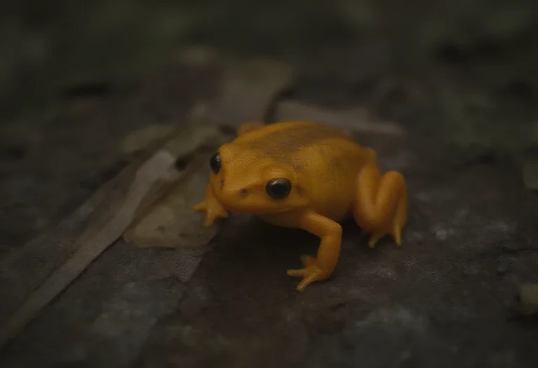 AI-generated image of a single small orange frog on leaf litter