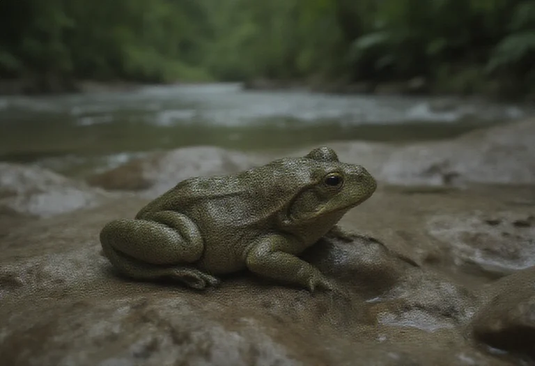 AI-generated image of a single large frog on wet rocks by a river