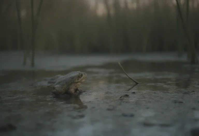 AI-generated image of a single large frog at the edge of a pond