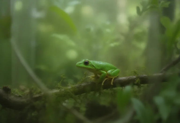 AI-generated image of a single green frog on a branch in a planted enclosure