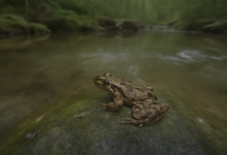 AI-generated image of a single brown frog on a rock near a stream