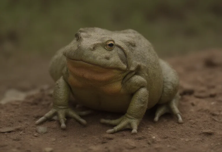 AI-generated image of a single large frog on soil