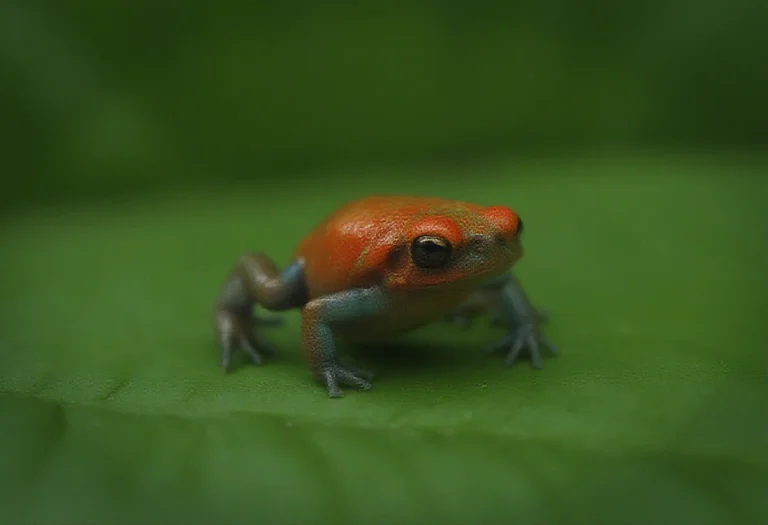 AI-generated image of a single small red frog on a green leaf