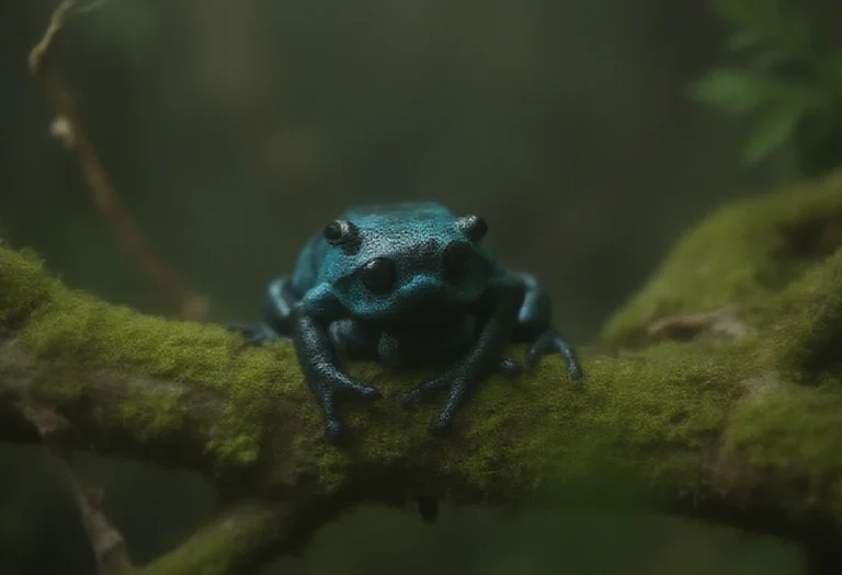 AI-generated image of a single blue and black frog on a mossy branch