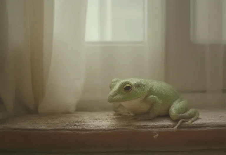 AI-generated image of a single green frog on a window sill