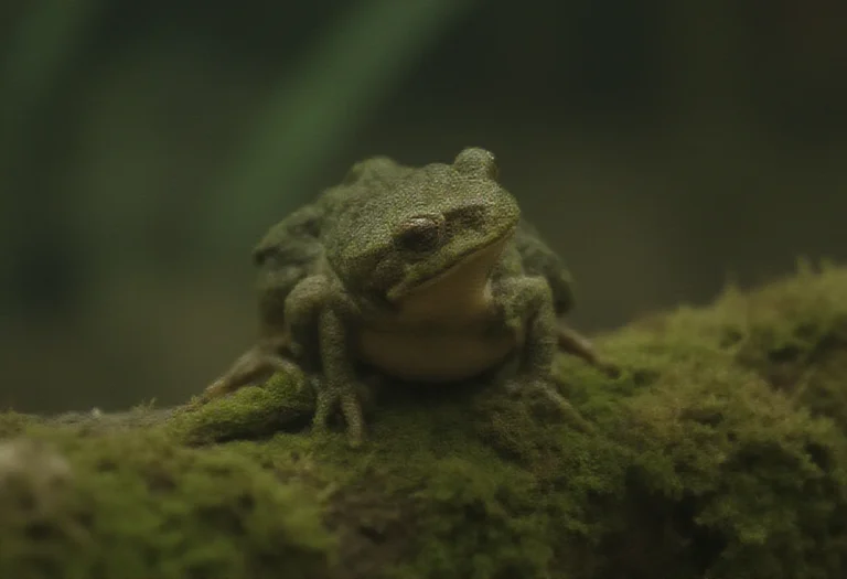 AI-generated image of a single mottled green frog on mossy bark