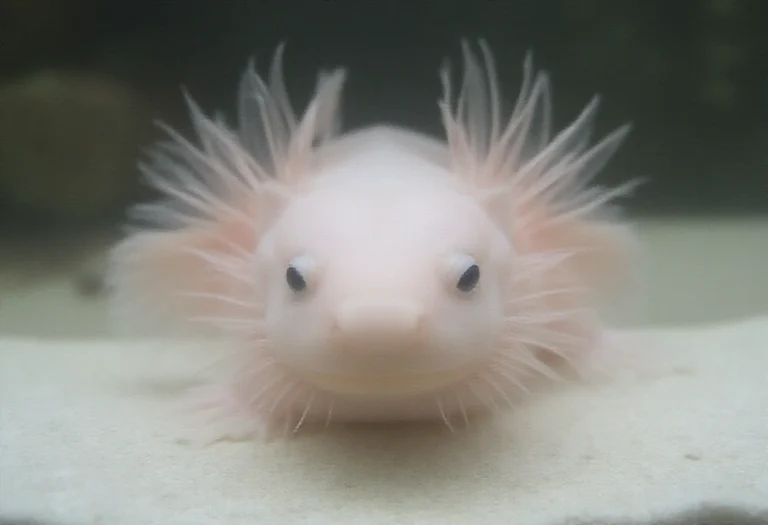 AI-generated image of a pink axolotl with feathery gills resting on pale sand