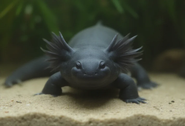 AI-generated image of a dark axolotl with feathery external gills resting on sand in a planted aquarium