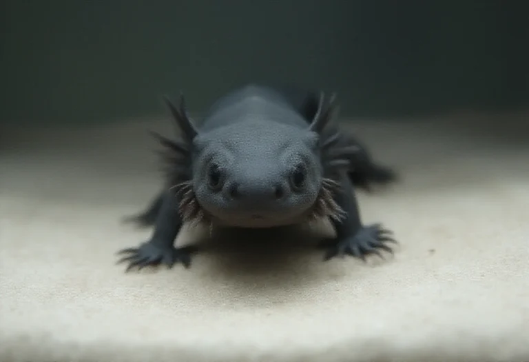 AI-generated image of a dark axolotl with feathery gills resting on pale sand