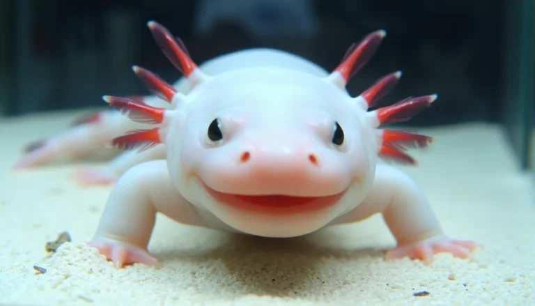 AI-generated illustration of a pale pink leucistic axolotl facing the camera in a clear, cool aquarium