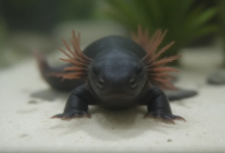 AI-generated image of a dark brown axolotl resting on pale sand in a clean aquarium