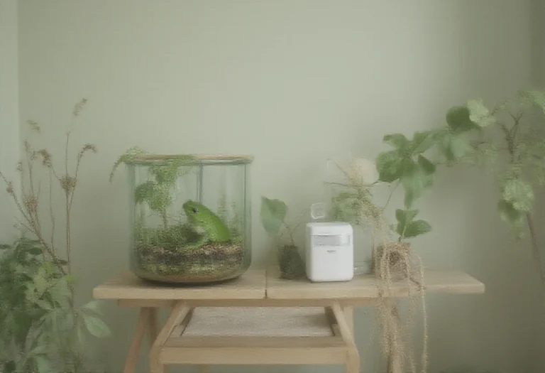 AI-generated image of a planted glass terrarium on a wooden stand beside a small white dehumidifier near a window