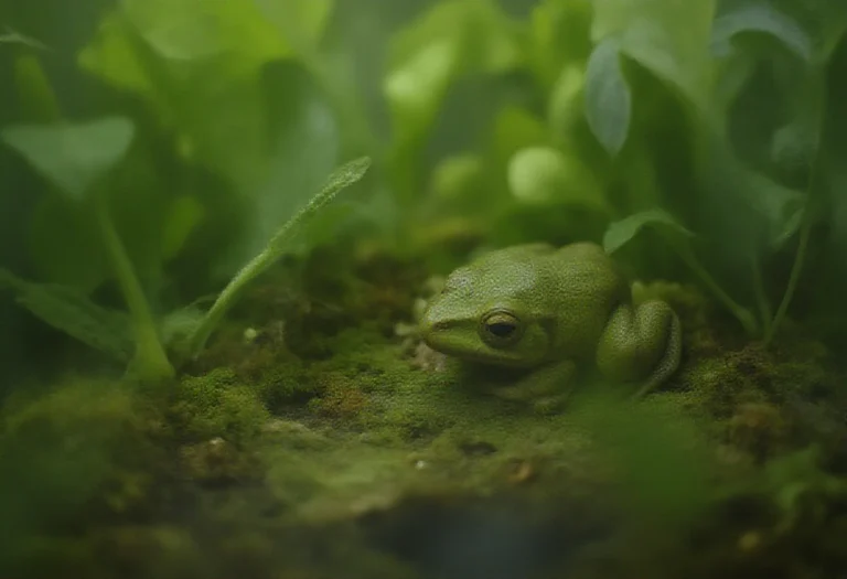 AI-generated image of a green tree frog beside a corner water dish in a planted terrarium