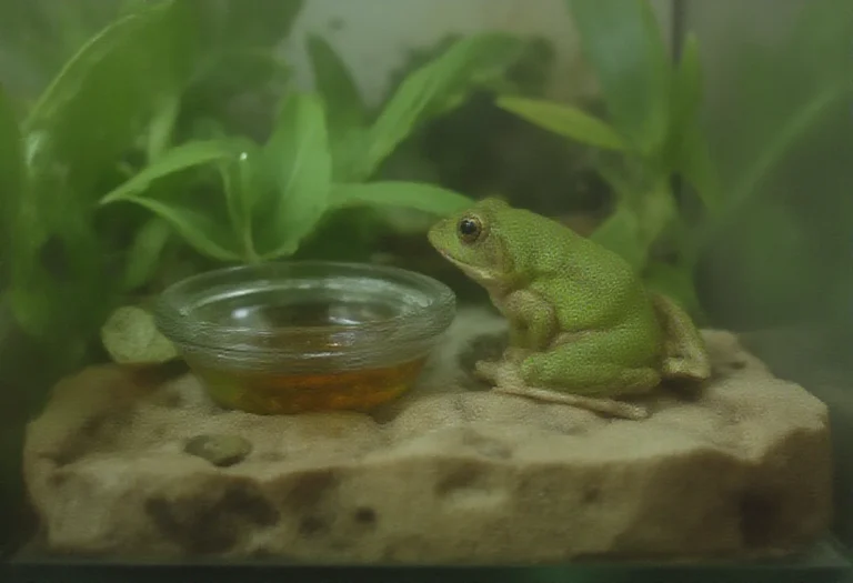 AI-generated image of a green tree frog beside a small water dish in the corner of a planted terrarium